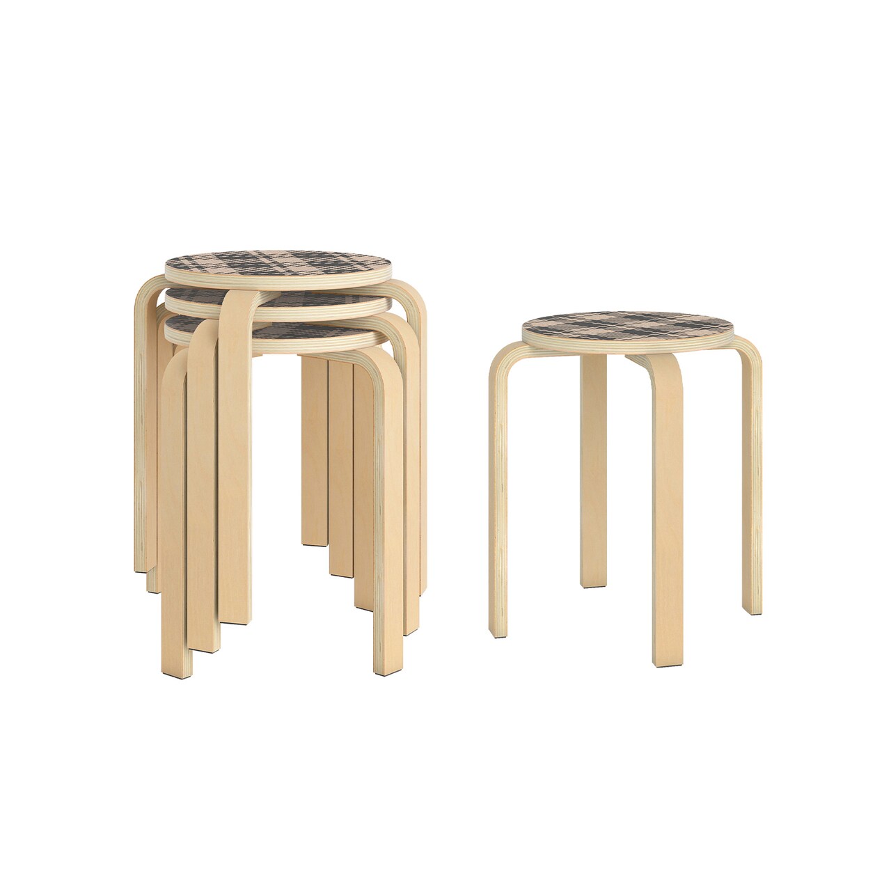 Set of 4 Wooden Stackable Stools Round Birch Wood Chairs, 265 lbs Capacity